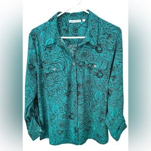 Notations Womens Lightweight Teal Mandala Paisley Button Down Blouse Size L